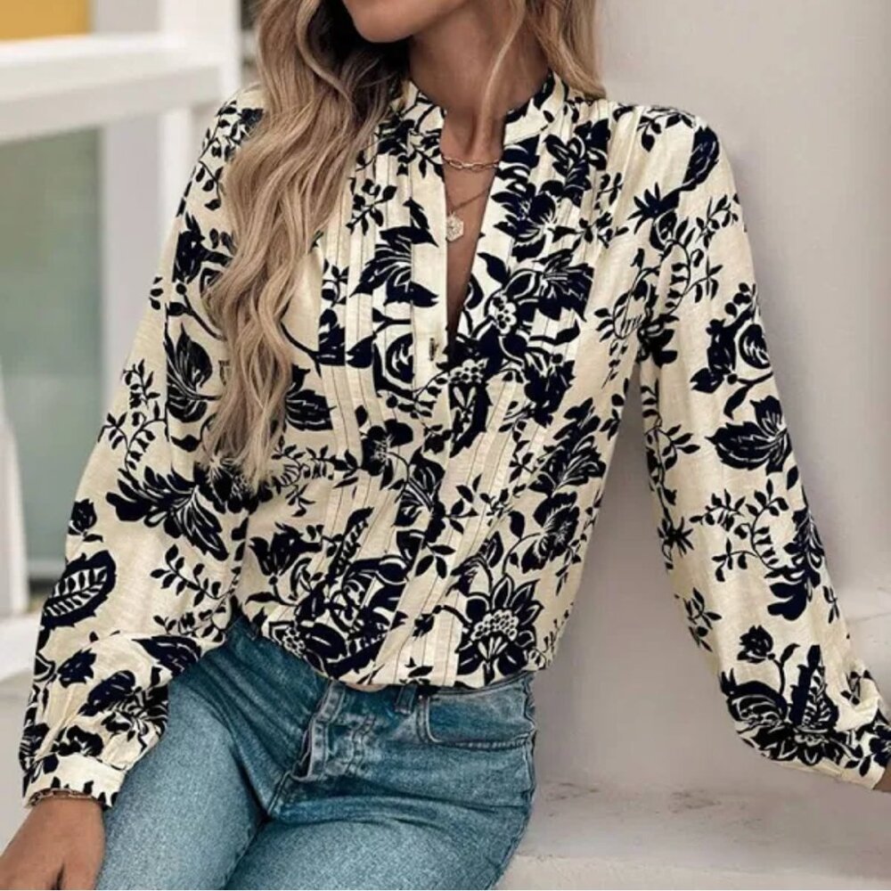 Boho Floral Pintuck Pleated Button Front Blouse, Cream/Black M NWT
